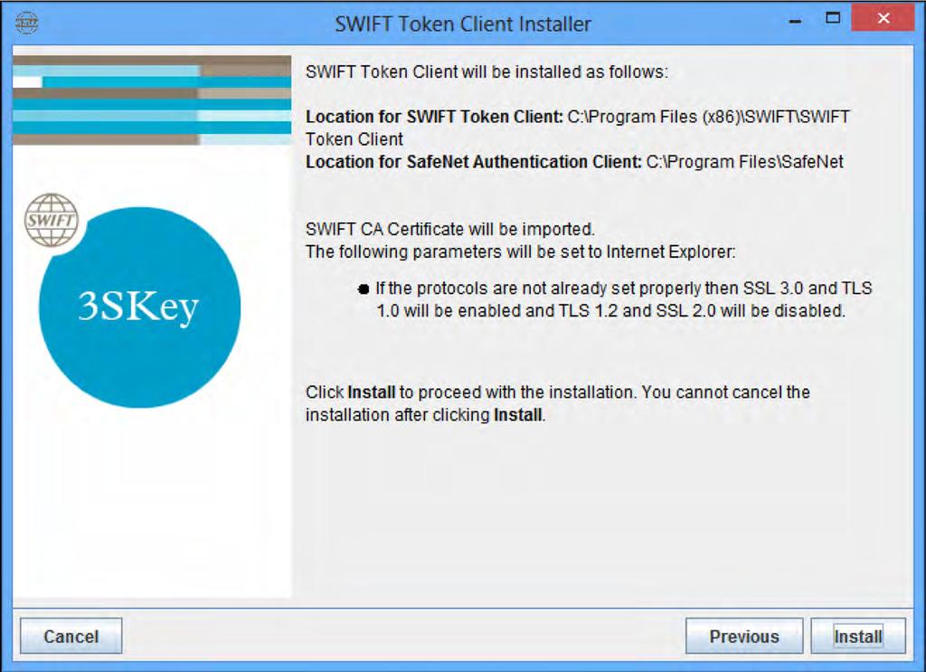 The pop-up displays the confirmed settings chosen for installation: Select Install The installer then runs a test to verify that the PC can support the token software installation.