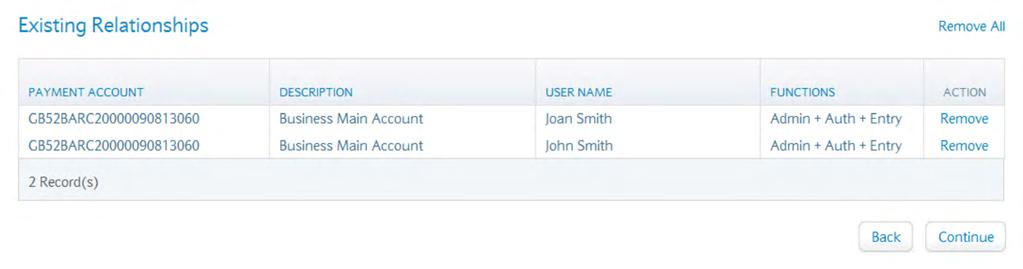 1.5 User / Payment Relationship The User/Payment Account Relationship screen will display: To allocate which accounts you wish each user to have access to, select from the following: Select User: