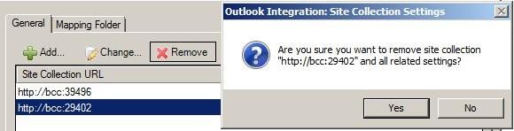 After the pop up of "Outlook Integration: Setting", please choose the Site Collection you would like to disconnect from outlook and press "Remove". 3.