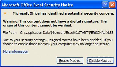 Depending on your Trust Center settings, you may see a warning dialogue when you open a workbook containing a macro. Once again, clicking the Enable Macros button will allow you to run the macro.