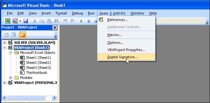 To digitally sign a macro, click the Developer tab to display the Developer Ribbon and then click the Visual Basic button to launch the Visual Basic Editor.