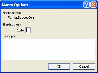 This will open the Macro Options dialogue box for the macro you selected. There is a small data field that can be used to enter a shortcut key for this macro.