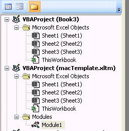 In the image shown above you can see that Book3 (the destination workbook) has no modules, but the other open workbooks and templates (mactemplate.xltm and sourcebook.