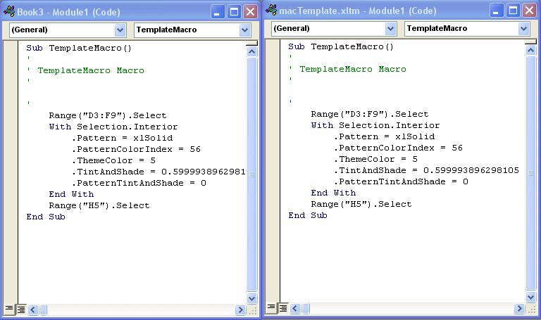 xltm, you will see code windows for both modules (and the macros contained in the modules) open in the editor.