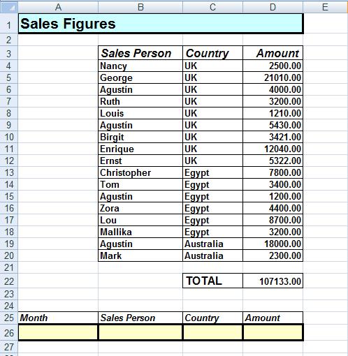Excel 2010 Advanced Page 117 Enter the following (i.e. "Agustín" and "UK") into the criteria area beneath the list. Select a cell within the Sales Person list.