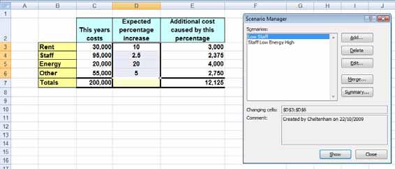 Excel 2010 Advanced Page 147 At any time we can edit a scenario. Select the Low Staff scenario and click on the Edit button.