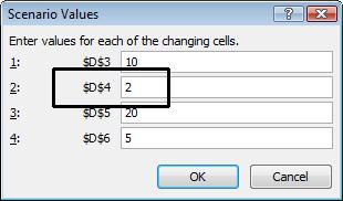 Change the value relating to D4 from to 2.0. Click on the OK button to return to the Scenario Manager dialog box.