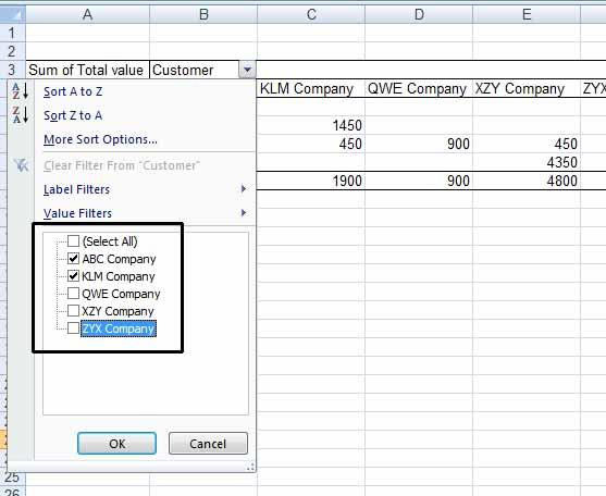 Excel 2010 Advanced Page 17 At present all the customers are selected and therefore shown on the Pivot Table.