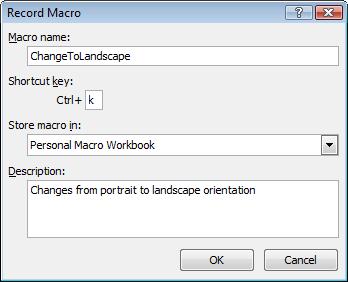 Excel 2010 Advanced Page 188 In the Shortcut key section of the dialog box, enter k as the keyboard shortcut. To begin recording, select OK.
