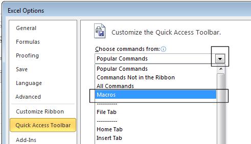 From the dropdown list displayed select Macros. The Excel Options dialog box will now look like this.