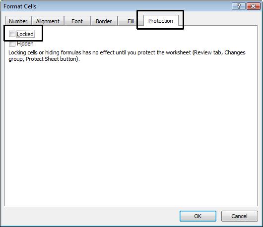 Excel 2010 Advanced Page 217 Click on the Protection tab. Remove the tick from the Locked check box. Click on the OK button.