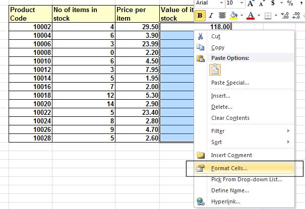 Excel 2010 Advanced Page 220 Right click over the selected range and from the pop-up menu displayed click on the Format Cells command. This will display the Format Cells dialog box.
