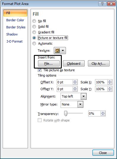 Excel 2010 Advanced Page 65 Click on the File button. The Insert Picture dialog box will be displayed. Within the left side of the dialog box click on Documents.