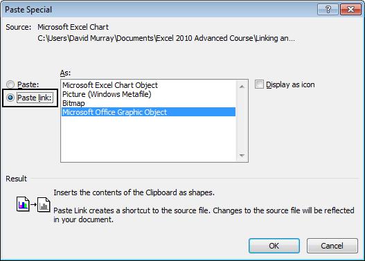 Excel 2010 Advanced Page 83 This will display the Paste Special dialog box. Click on the Paste Link button and then click on the OK button. The chart will be displayed within Word.