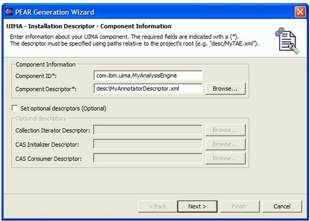Using the PEAR Generation Wizard Optionally, you can include specific Collection Iterator, CAS Initializer (deprecated as of Version 2.1), or CAS Consumers.