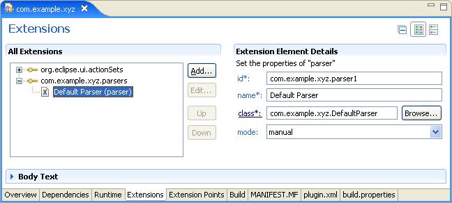DefaultParser class. The "New Java Class" wizard will only appear when the class specified in the class attribute text field cannot be found; otherwise, the link will open the class in an editor.