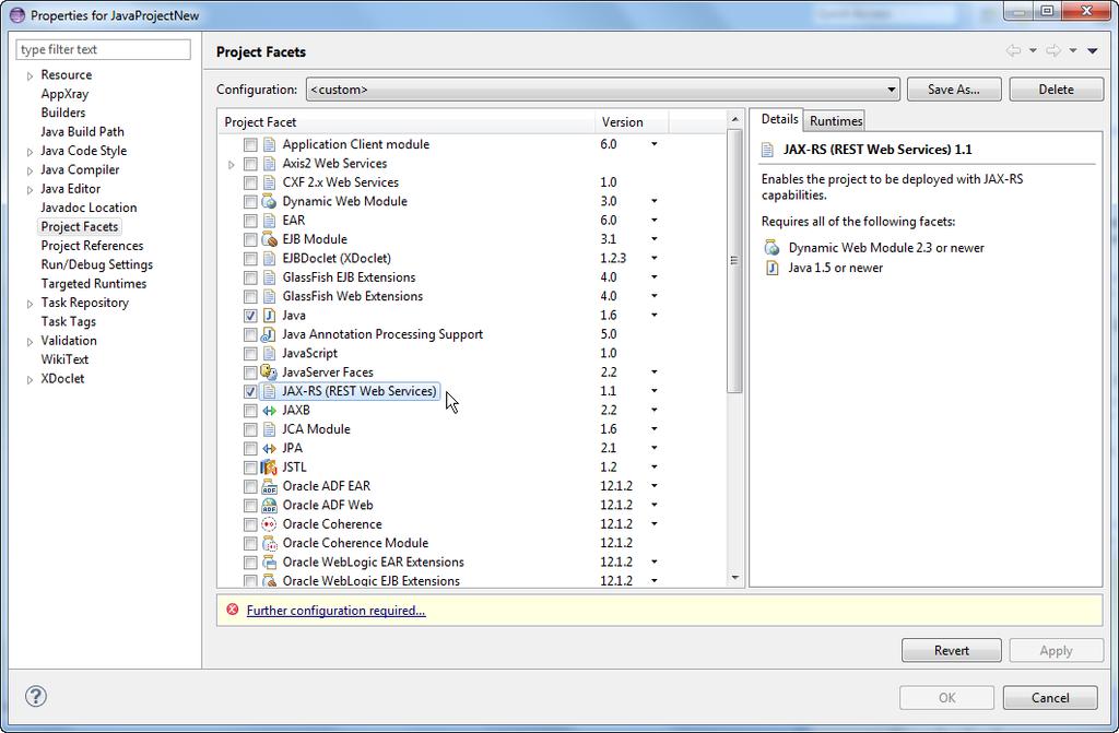Creating Projects Configured for REST 8.2.2 How to Configure a Java Project for REST To use REST with your Java web project you need to add the JAX-RS library bundle.