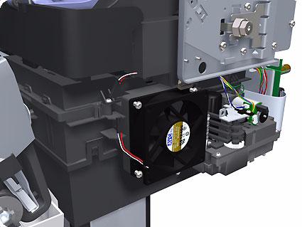 Remove the four T-15 screws that secure the Aerosol Fan Assembly to the Service Station.