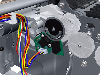 Removal and Installation - Encoder Disk and Encoder Sensor Encoder Disk and Encoder Sensor Removal Switch off the printer and remove the power cable. 2 1 1.