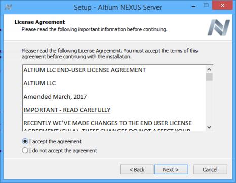 Read and accept Altium's End-User License Agreement. With the EULA read, continue with the install by enabling the I accept the agreement option and clicking the Next button.
