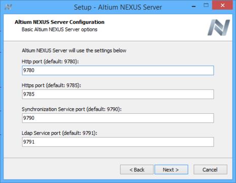 Altium NEXUS Server Configuration Use this next page of the wizard to specify the port numbers to be used by the Altium NEXUS Server for network connections.