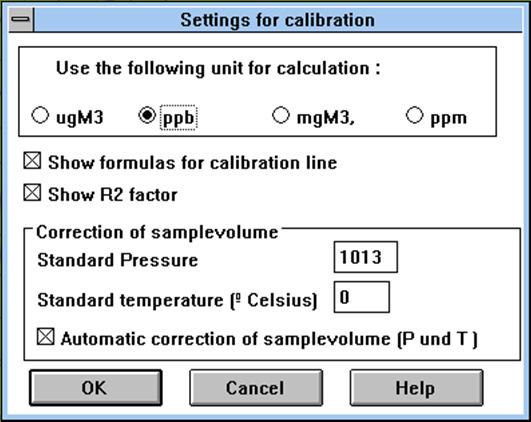 Settings for the calibration line The measured calibration values are used to make a calibration line.