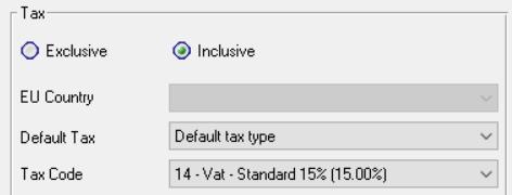 Click the drop-down arrow in the Default Tax box and select Default tax type Click the drop-down arrow in the Tax Code box and select 14 Vat Standard 15% Navigate to the Next Record navigational