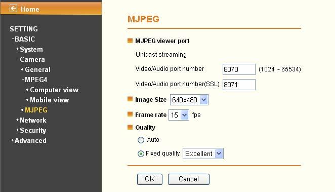 6.2.3 MJPEG MJPEG Viewer Port ( If RTSP is off, please check SETTING BASIC Camera General ) Unicast Streaming Video / Audio Port Number: Specify the transmission port number of the video data (the