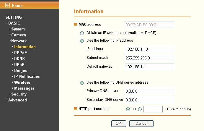Use the following IP address: Select this when the fixed IP address is set. IP address: Enter the IP address of the device. Subnet mask: Enter the subnet mask.