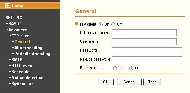 7.1.1 General Select On when you use FTP function. The FTP client setting page will appear. Select Off when you do not wish to use the FTP client function.
