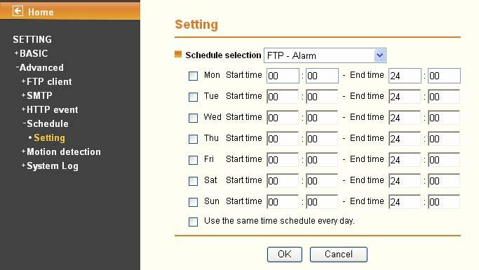 7.4.1 Setting Schedule Selection: Select the list box to specify the schedule you want to set.