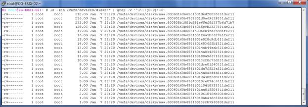 For example, Figure 3-10 shows the example output from this command: Figure 3-10 List of Shared Devices on the ESXi Host as Viewed in the ESXi Shell 2 For each disk that you want to use with the
