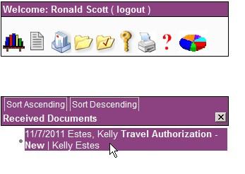 Select your supervisor from the list, press Send/Authorize. Supervisor logs in and clicks on Received Documents (envelope).