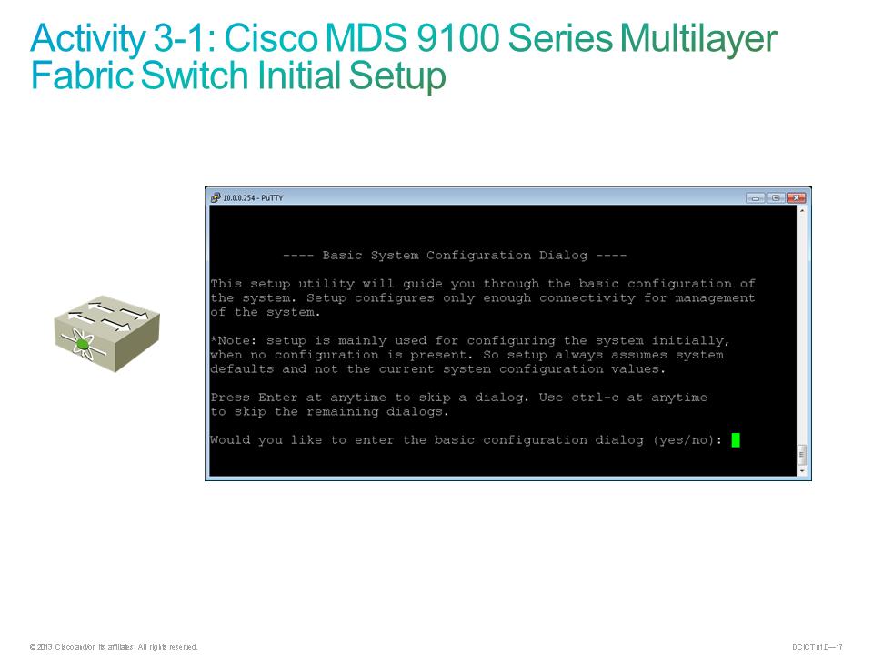 Activity 3-1: Cisco MDS 9100 Series Multilayer Fabric Switch Initial Setup (Instructor Demonstration Only) The instructor will complete this lab activity to demonstrate what you learned in the