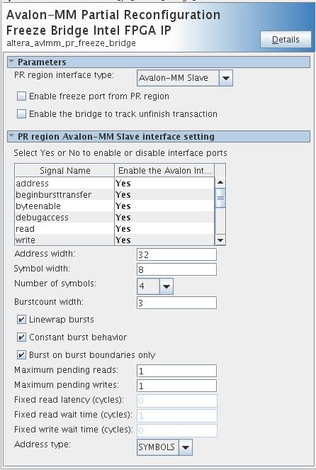 Figure 52. Parameter Editor 2.6.2. Interface Ports: Avalon-MM Partial Reconfiguration Freeze Bridge Table 48.