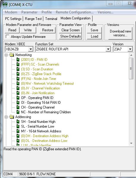 Figure 3: PAN ID while configuring one module as router with X-CTU The coordinator module is configured as central node using XCTU software in the similar process.
