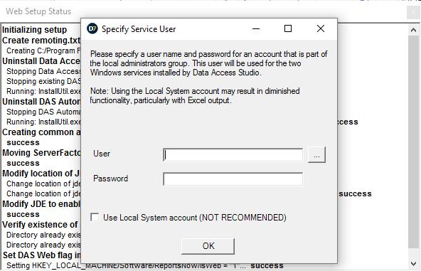 7. You will be prompted with the following window. We recommend changing the service accounts from Local System to an account that is a member of the machine s built in Administrators group.