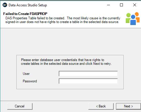 If you are applying an update/upgrade, the installer will skip this screen as it will detect that this table already exists. This table is the main storage table for Data Access Studio.