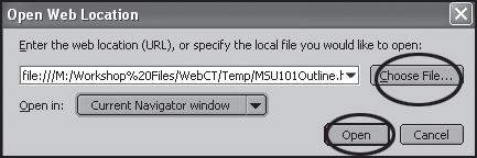 The Open Page dialog box will once again appear, the file location will be entered in the