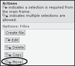 Moving a file Managing WebCT Files 1. From the Manage Files page, select the file bulldog.jpg by clicking in the check box to the left. In the Actions frame, under Options: File click the Move button.