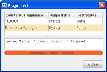 The Plugin Test dialog box displays information about each CounterACT device tested, as well as a number of test messages. 3.