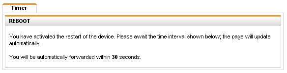The web interface displays a message indicating how long the restart process will still take.