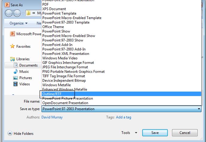 PowerPoint 2010 Intermediate Page 16 If you save the file as an Outline/RTF (Rich Text Format) format file, then these files are compatible with most other programs (but some formatting and