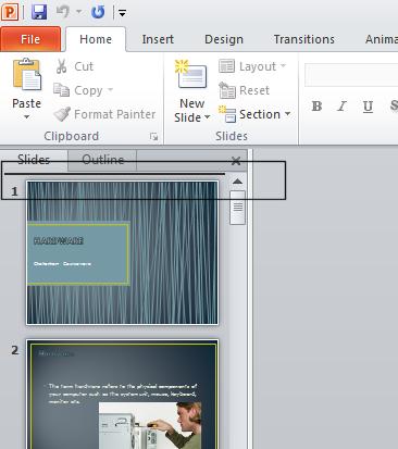 PowerPoint 2010 Intermediate Page 23 Within the thumbnails displayed to the left, click just above