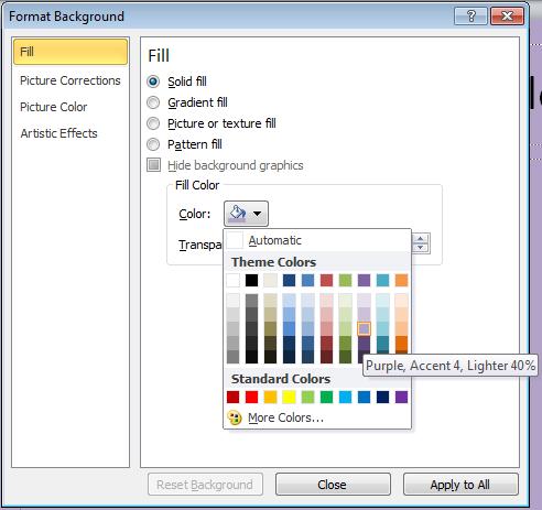 PowerPoint 2010 Intermediate Page 40 Select a light colour and then click on the Close button.