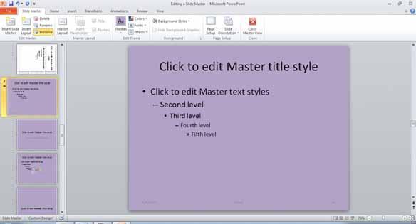 PowerPoint 2010 Intermediate Page 41 Click on the Close Master View button. You will now see your presentation displayed.