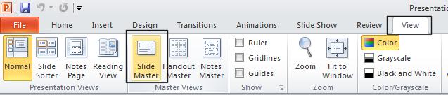 Click on the View tab and from within the Master Views section, click on the Slide Master icon.