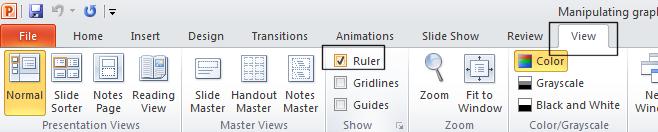 To display the ruler, click on the View tab and within the Show group click on the Ruler check box.