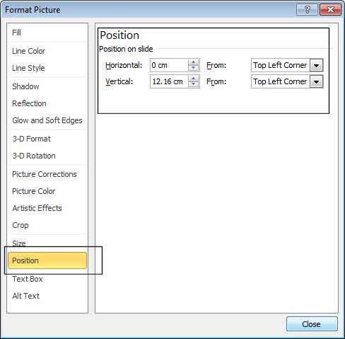This will display the Size and Position dialog