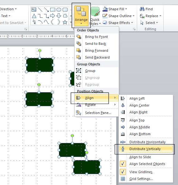 PowerPoint 2010 Intermediate Page 91 To distribute the selected objects vertically within your slide, click on the Home tab and then click on the Arrange button contained within the Drawing group.